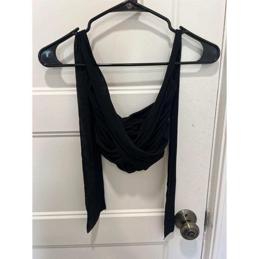 Zara Black Ribbed Wrap Tie Crop Top, Size S